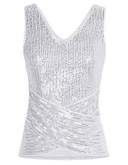 GRACE KARIN Damen Glitzer Oberteil Tops V-RÜcken Tank Top Ärmellos V-Ausschnitt Weste Überkreuzte Taille Bluse Oberteile XL Silber Weiß CL2346A23-02 von GRACE KARIN