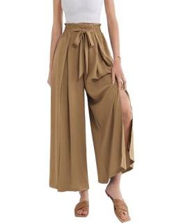 GRACE KARIN Damen Hohe Taille Palazzo Hose Lässige Weite Hose Paperbag Elegant Hosen Khaki M von GRACE KARIN