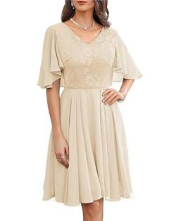 GRACE KARIN Damen Knielang Abendkleid mit Chiffonrock Luftig Leicht Spitzenkleid Blumen Elegant Rüschenärmel Cocktailkleid Hochzeit Aprikose 38 von GRACE KARIN