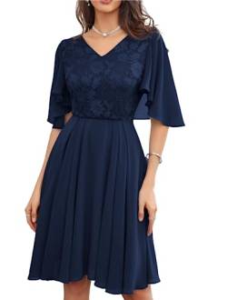 GRACE KARIN Damen Knielang Abendkleid mit Chiffonrock Luftig Leicht Spitzenkleid Blumen Elegant Rüschenärmel Cocktailkleid Hochzeit Marineblau 38 von GRACE KARIN