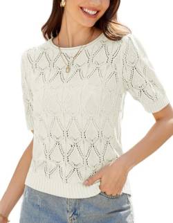 GRACE KARIN Damen Lässig Pullover Sommer Ausgehöhlte Strick Oberteil Einfarbig Rundhals T-Shirt Weiß XL von GRACE KARIN