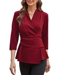 GRACE KARIN Damen Modern Bluse Elegant Elegant V-Ausschnitt 3/4 Ärmel Wickelbluse Einfarbig Sommer Herbst Hemd Rot M von GRACE KARIN