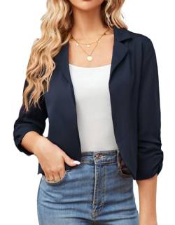 GRACE KARIN Damen Offene Blazer Business Cropped Blazerjacke 3/4 Ärmel kurz Leicht Jacke Mantel Strickjacke Cardigan 2XL Navyblau-Anzugstoff CL2584A23-05 von GRACE KARIN