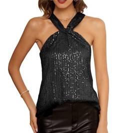 GRACE KARIN Damen Pailletten Bluse Sparkle Shimmer Weste Ärmellos V-Ausschbitt U-Back Side SplitBluse Tunika S Schwarz CL1537A22-2 von GRACE KARIN