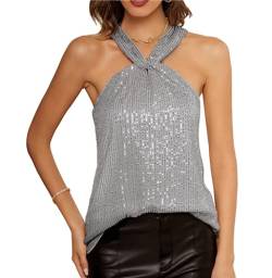 GRACE KARIN Damen Pailletten Tank Top Pailletten verziert Sparkle Trägershirt-Weste Tops Party Bluse 2XL Silber grau CL1537A22-3 von GRACE KARIN