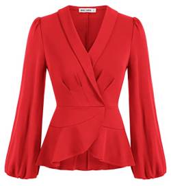 GRACE KARIN Damen Schößchen Tops Elegant Wrap V Ausschnitt Lange Laterne Ärmel Arbeit Bluse Büro Top, Rot/Ausflug, einfarbig (Getaway Solids), Mittel von GRACE KARIN