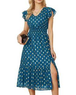 GRACE KARIN Damen Sommer Strandkleid Elegant V-Neck Abendkleid mit Schlitz Casual Freizeitkleid für Urblaub, Farbe: Pfauenblau, Größe: M von GRACE KARIN