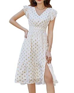 GRACE KARIN Damen Sommer Strandkleid Elegant V-Neck Abendkleid mit Schlitz Casual Freizeitkleid für Urblaub, Farbe: Weiß, Größe: M von GRACE KARIN