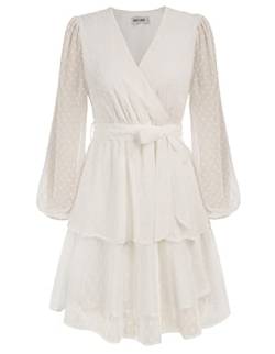 GRACE KARIN Damen Sommerkleid Langarm Minikleid V Ausschnitt Langarm Casual, Farbe: Weiß, Size XL von GRACE KARIN