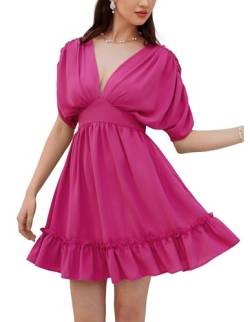 GRACE KARIN Damen Sommerkleid V-Ausschnitt Mini Freizeitkleid Elegant Einfarbig Abendkleid Rosa rot L von GRACE KARIN