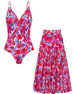GRACE KARIN Damen Straps Badeanzug mit V Ausschnitt Zweiteiliger Badeanzug für die Sommerferien Rot S von GRACE KARIN