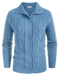 GRACE KARIN Damen Strickjacke mit Knopfleiste, grob, Zopfmuster, langärmelig, Stehkragen, Strickjacke, Pullover, Herbst-Outwear, Blau, XX-Large von GRACE KARIN