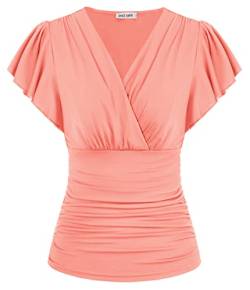 GRACE KARIN Damen-Tops, elegante Wickelbluse, V-Ausschnitt, Laterne, lange Ärmel, schmale Passform, gerüschtes Oberteil, 977 Coral, Mittel von GRACE KARIN