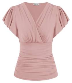 GRACE KARIN Damen V-Ausschnitt Oberteile Sexy Kurzarm Casual Mode Bluse Tops Tunika Elegant Einfarbig Sommer Oberteile Hochzeit Rot XL Hell-Pink XL von GRACE KARIN