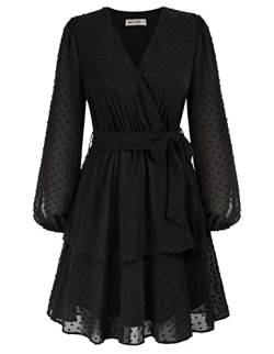 GRACE KARIN Damen V Ausschnitt Sommerkleid Minikleid Langarm Casual, Farbe: Schwarz, Size S von GRACE KARIN