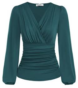 GRACE KARIN Damen V-Ausschnitt T-Shirt Langarm Einfarbig Slim Fit Plissee-Tops Tunika Blusen CL1341A22-05_0XL von GRACE KARIN