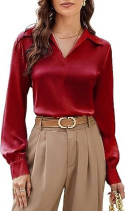 GRACE KARIN Damen V-Neck Langarm Hemd Casual Reverskragen Bluse Elegant Tunika Hemd, Farbe: Dunkelrot, Größe: S von GRACE KARIN