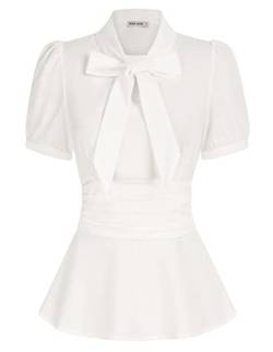 GRACE KARIN Damen Verführerische Tunika Peplum-Design Vintage 50er Jahre Bluse Elegantes Bauschiges T-Shirt Weiß-Kurzarm S von GRACE KARIN