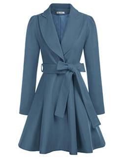 GRACE KARIN Damen dress style Langarm Mantel mit Gürtel Wintercoat Revers Wintermantel Warm Jacke Mantel Outwear Stahlblau M CLX005A20-13 von GRACE KARIN