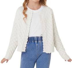 GRACE KARIN Elegantes Strickjacken Für Mädchen Lange Ärmel Rundhals Lässiges Knitted Cardigan Elfenbeinweiß M von GRACE KARIN