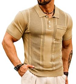 GRACE KARIN Herren Strick-Polo-Shirts Kurzarm Textur Leichte Golf Shirts Pullover, Khaki, XL von GRACE KARIN