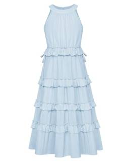 GRACE KARIN Mädchen Kleid 122 Kinder Blau Sommer Festlich Prinzessin Einschulung Kleider 128 Kommunionkleid Baumwolle Rundhals von GRACE KARIN