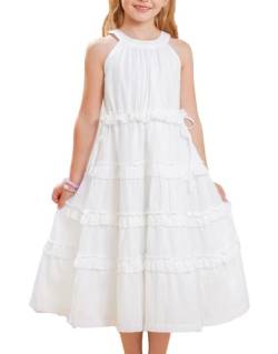 GRACE KARIN Mädchen Kleid 122 Kinder Weiß Sommer Festlich Prinzessin Einschulung Kleider 128 Kommunionkleid Baumwolle Rundhals von GRACE KARIN