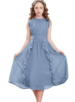 GRACE KARIN Mädchen Kleid Einschulung 134 Kinder Sommerkleid Chiffon 140 Festliches Casual Hochzeit Kleider Blau von GRACE KARIN