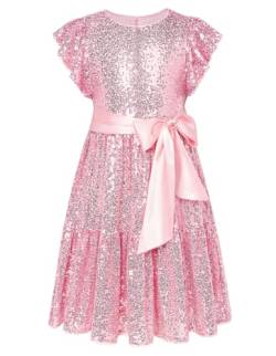 GRACE KARIN Mädchen Prinzessin Kleid Knielang Kurzarm A-Linie Pailletten Partykleid Glitzer Abendkleid Rosa 12 Jahre von GRACE KARIN