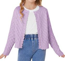 GRACE KARIN Mädchen Pullover Kinder Lässiges Lange Ärmel Rundhals Knitted Cardigan mit Mustertextur Pink Lila L von GRACE KARIN