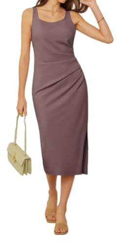 GRACE KARIN Midi-Sommerkleider für Damen, quadratischer Ausschnitt, ärmellos, gerüscht, figurbetont, Cocktail-Partykleid, Desert Taupe, 36 von GRACE KARIN