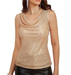 GRACE KARIN V-Ausschnitt Damen Elegant Einfarbiges Sommer Ärmellos Tunika Funkelnde Glitzer-Pailletten Sexy Party Top Roségold XL von GRACE KARIN