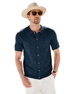 Herren Lässiger Revers Kurzarm Hohl T-Shirt Cardigan mit Knöpfen Polo Shirts Navy blau 2XL von GRACE KARIN