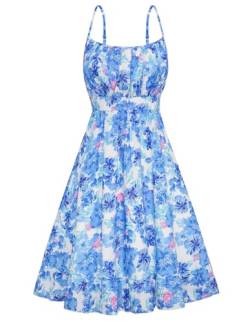 Sommer Kleid Damen Blumenmuster Freizeitkleid Sexy Spaghetti Straps Kleid A-Linie ärmellos Freizeitkleid XL Weiß-Blau Blume CL1582S22-10 von GRACE KARIN