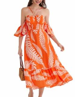 Sommerkleider für Frauen Trägerlos Schulterfrei Geraffte A-Linie Locker Fließend Strandurlaubskleider Orange 48 von GRACE KARIN