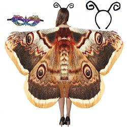 GRAJTCIN Damen Schal mit Schmetterlingsflügeln, 3 Stück, Halloween-Feenkostüm, festlicher Rave-Umhang mit Antennen und Maske, Braune Motte, 78" x 50" von GRAJTCIN