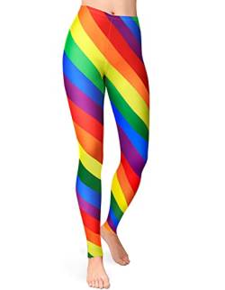 GRAJTCIN Regenbogen-gestreifte Leggings – dehnbare Workout-Hose – Retro-Strumpfhose für Damen, Regenbogen, Groß von GRAJTCIN