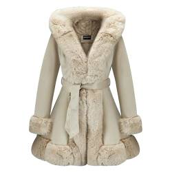 GRAN ORIENTE Damen Kunstleder Jacke mit Kunstpelz Mantel Kragen Langarm Parka mit Taschen Warm Wintermantel mit Gürtel, Beige, Medium von GRAN ORIENTE