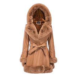 GRAN ORIENTE Damen Kunstlederjacke mit Kunstfellkragen Langarm Parka mit Taschen Warmer Wintermantel mit Gürtel, 024 Khaki, Large von GRAN ORIENTE