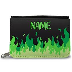 GRAVURZEILE Bedruckte Geldbörse - Flammen Design - Personalisiert mit Namen - Geschenk für Kinder & Teenager für Taschengeld Fahrkarte - für Jungen & Mädchen - Farbe: Grün von GRAVURZEILE