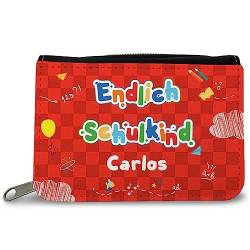 Personalisierte Geldbörse für Kinder - Mit eigenem Namen - Geschenk zur Einschulung - Für Jungen und Mädchen Ideal für die Schultüte und zum Schulanfang Farbe Rot Karo von GRAVURZEILE