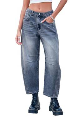 GREAIDEA Mid Rise Barrel Jeans für Damen, weites Bein, mittlere Taille, Cropped-Denim-Hose, Y2k, Baggy-Boyfriend-Jeans mit Taschen, Archiv Grau, M von GREAIDEA