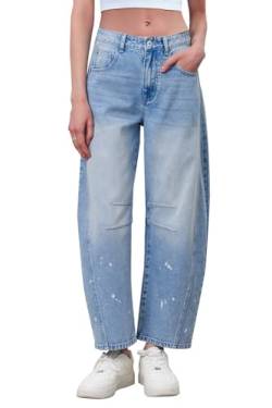 GREAIDEA Mid Rise Barrel Jeans für Damen, weites Bein, mittlere Taille, Cropped-Denim-Hose, Y2k, Baggy-Boyfriend-Jeans mit Taschen, Blaue Gezeiten, Groß von GREAIDEA