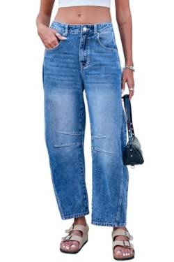 GREAIDEA Mid Rise Barrel Jeans für Damen, weites Bein, mittlere Taille, Cropped-Denim-Hose, Y2k, Baggy-Boyfriend-Jeans mit Taschen, Dunkelblau, Groß von GREAIDEA