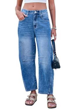 GREAIDEA Mid Rise Barrel Jeans für Damen, weites Bein, mittlere Taille, Cropped-Denim-Hose, Y2k, Baggy-Boyfriend-Jeans mit Taschen, Dunkelblau, X-Groß von GREAIDEA