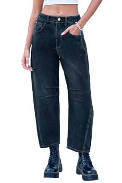 GREAIDEA Mid Rise Barrel Jeans für Damen, weites Bein, mittlere Taille, Cropped-Denim-Hose, Y2k, Baggy-Boyfriend-Jeans mit Taschen, Indigo/Mandala-Traum, Groß von GREAIDEA