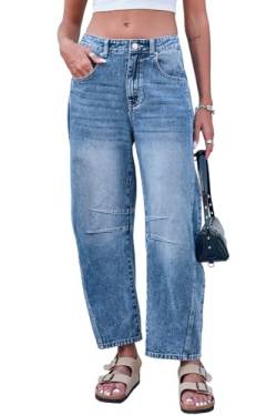 GREAIDEA Mid Rise Barrel Jeans für Damen, weites Bein, mittlere Taille, Cropped-Denim-Hose, Y2k, Baggy-Boyfriend-Jeans mit Taschen, Mittelblau, Groß von GREAIDEA