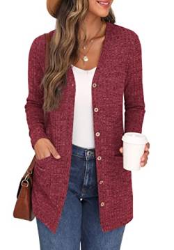 GRECERELLE Cardigan Damen elegant Frühlings Herbst Strickjacke für Damen mit V-Ausschnitt, Knöpfen und Taschen (Rot, XL) von GRECERELLE