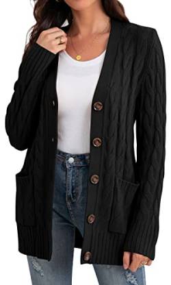 GRECERELLE Damen Cardigan - Schwarze Strickjacke mit Langen Ärmeln, Taschen und Knöpfen (Schwarz, M) von GRECERELLE