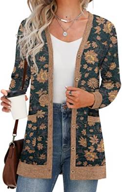 GRECERELLE Damen Leichte Strickjacke Lang mit Taschen und Knöpfen Long Elegant Cardigan V-Ausschnitt Knopfleiste mit Taschen für Damen (11 Aster Grün, L) von GRECERELLE